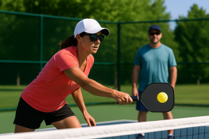Een vrouw speelt pickleball; man kijkt op achtergrond toe