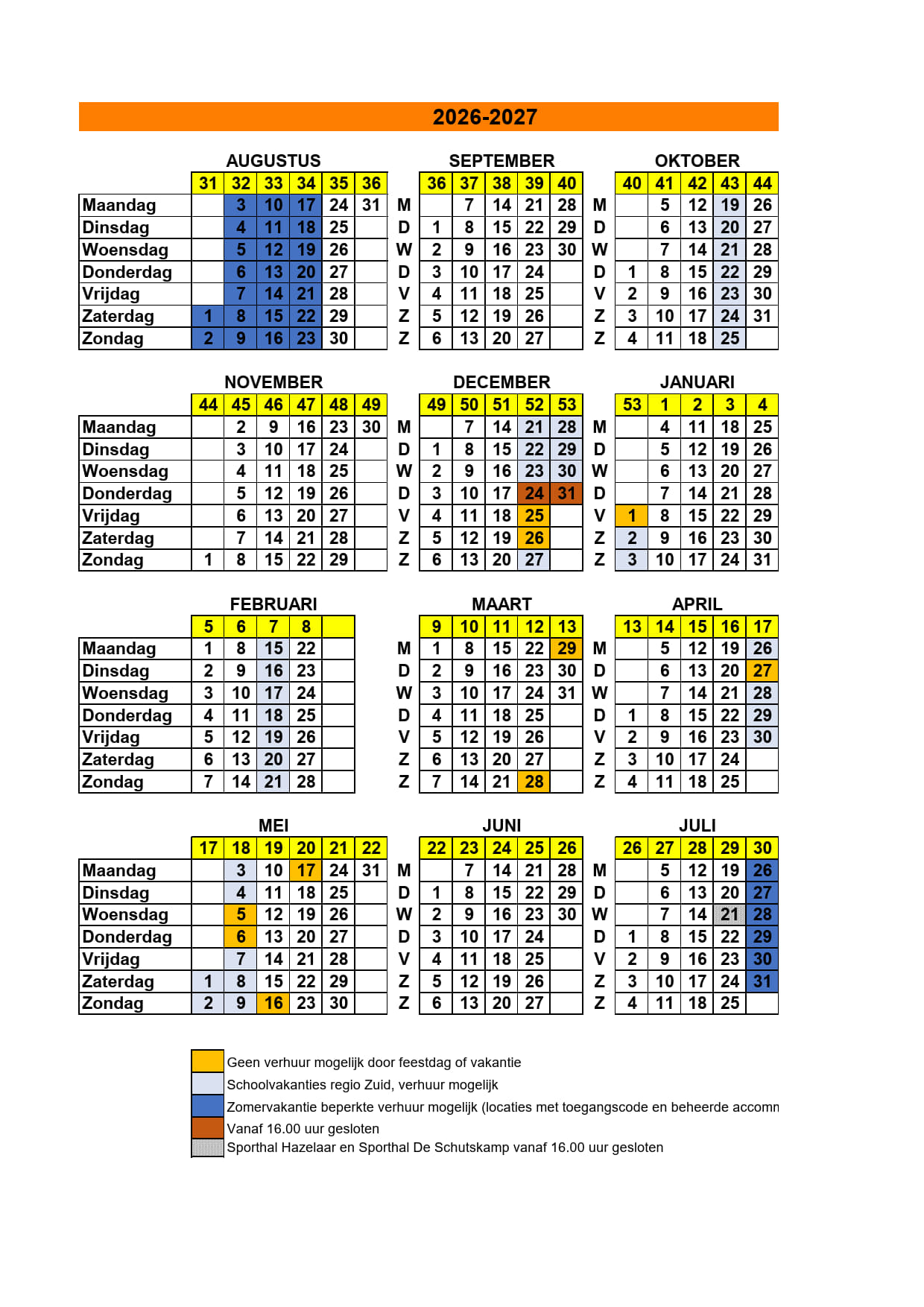 Een overzicht van wanneer je wel en niet sportzalen kunt huren in het seizoen 2026-2027