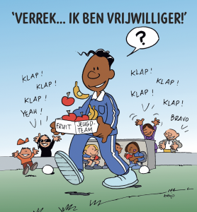 Illustratie van man die fruit voor het hele jeugdteam meebrengt