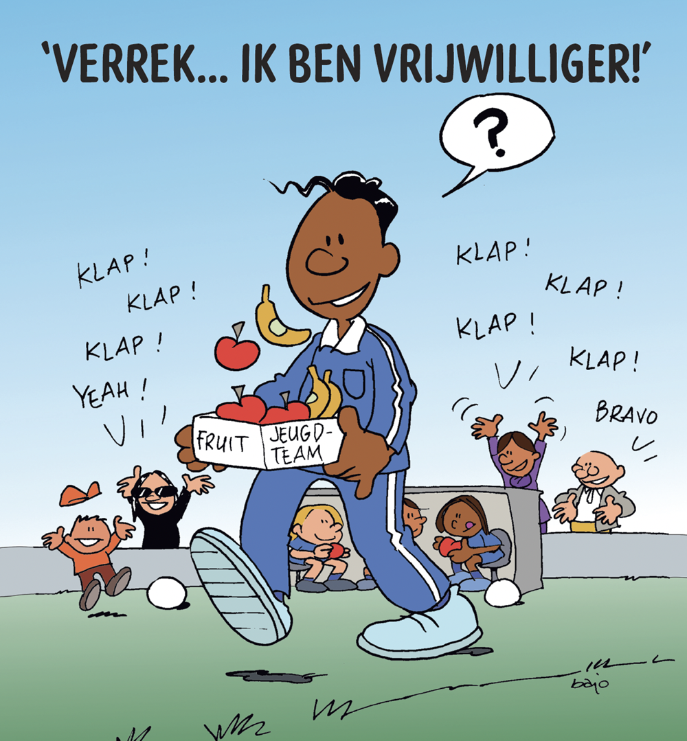 Illustratie van man die fruit voor het hele jeugdteam meebrengt