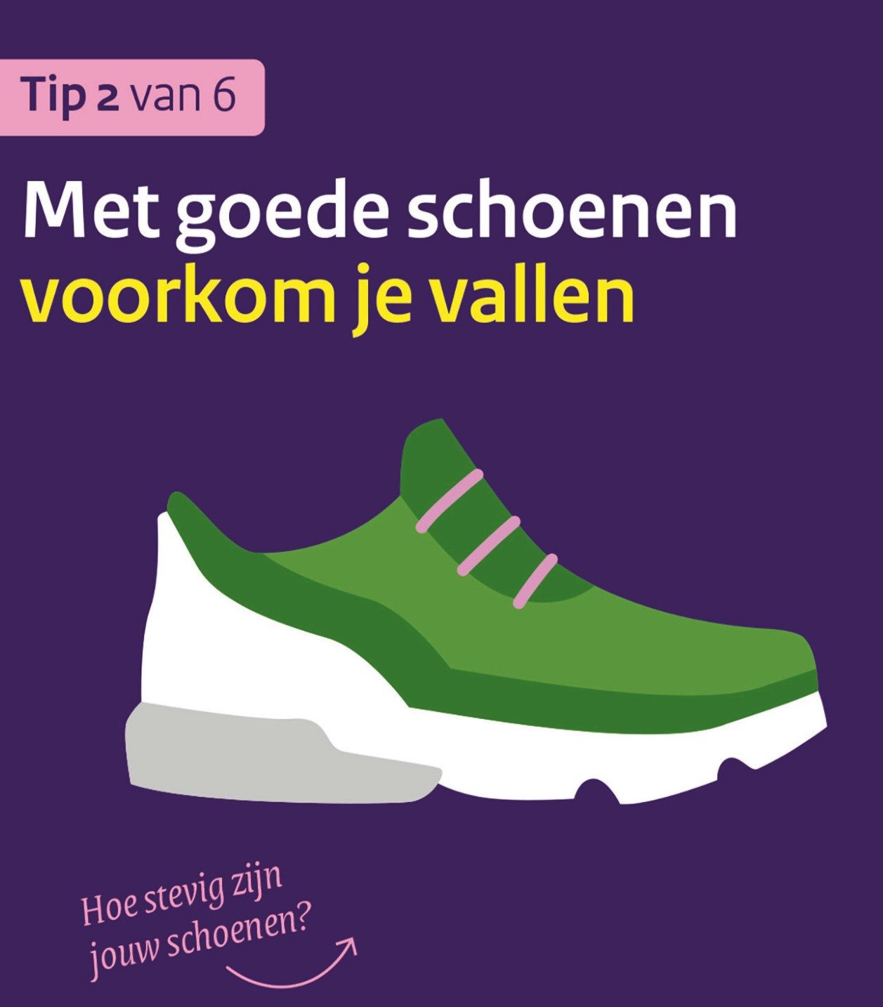 Tip 2: stevige schoenen. Tip over het dragen van stevige schoenen om vallen te voorkomen.